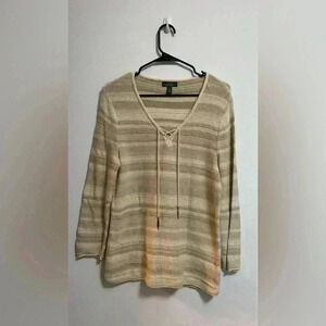 Ralph Lauren -‎ Women’s 100% Cotton Cream Striped Knit Tunic Sweater - Size L